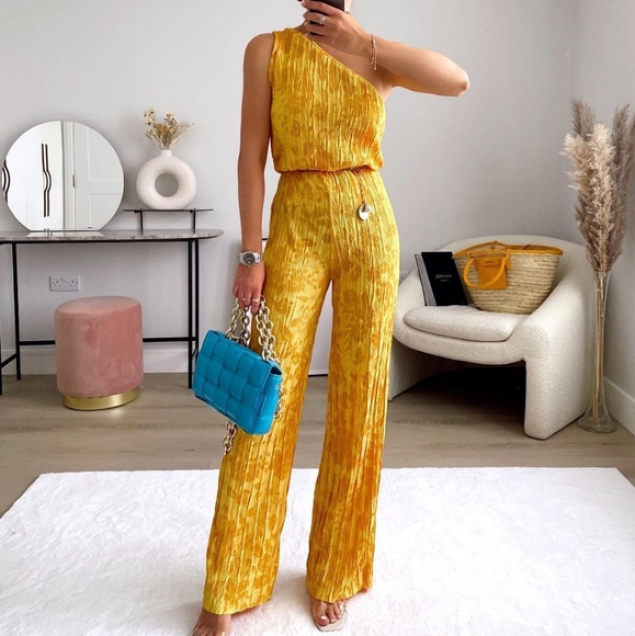 Zara Pants - ZARA Asymmetric jumpsuit Jacquard YELLOW